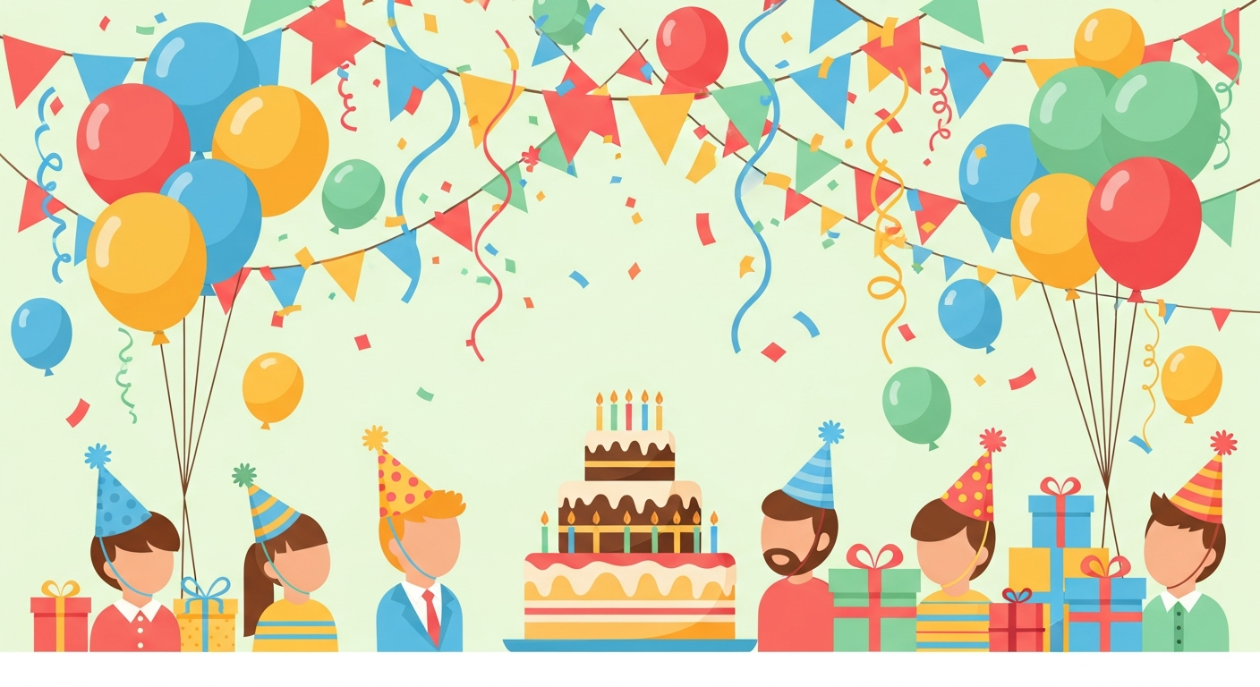 Illustrated birthday party scene with balloons, cake, and confetti
